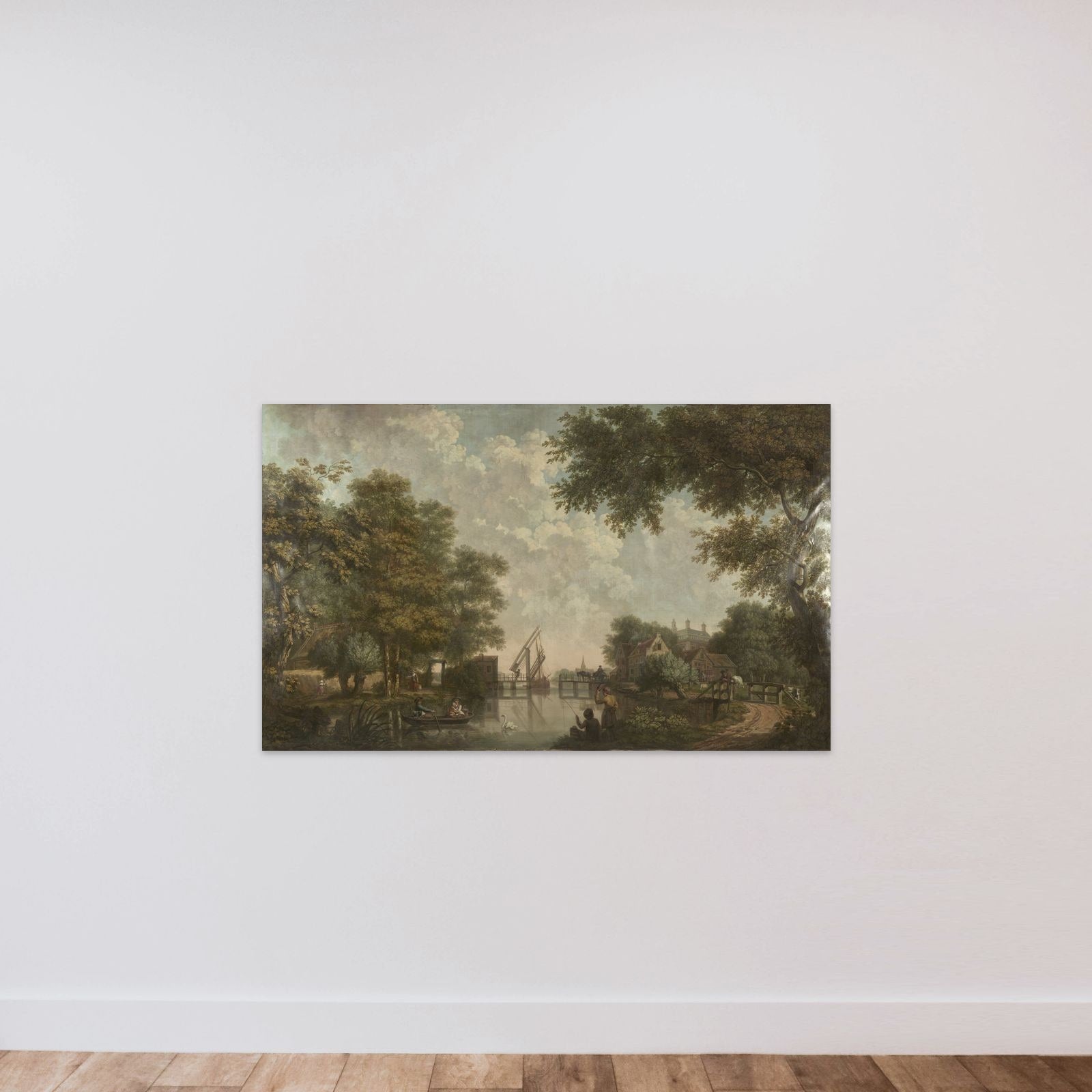 Three Painted Wall Hangings of a Dutch landscape unframed — shown to scale