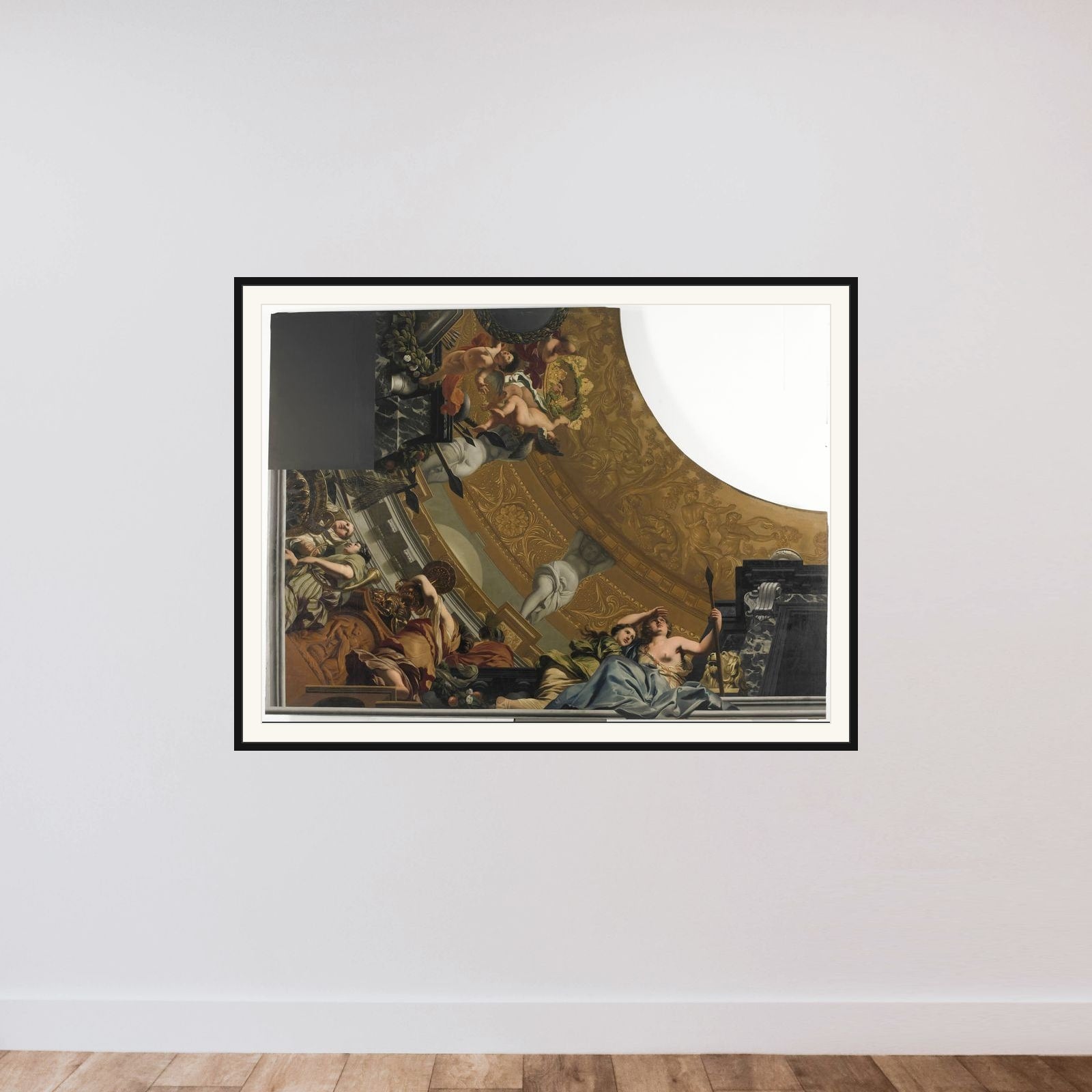 Part (bottom left) of a ceiling decoration with Diana and her companions as the principal representation framed — shown to scale