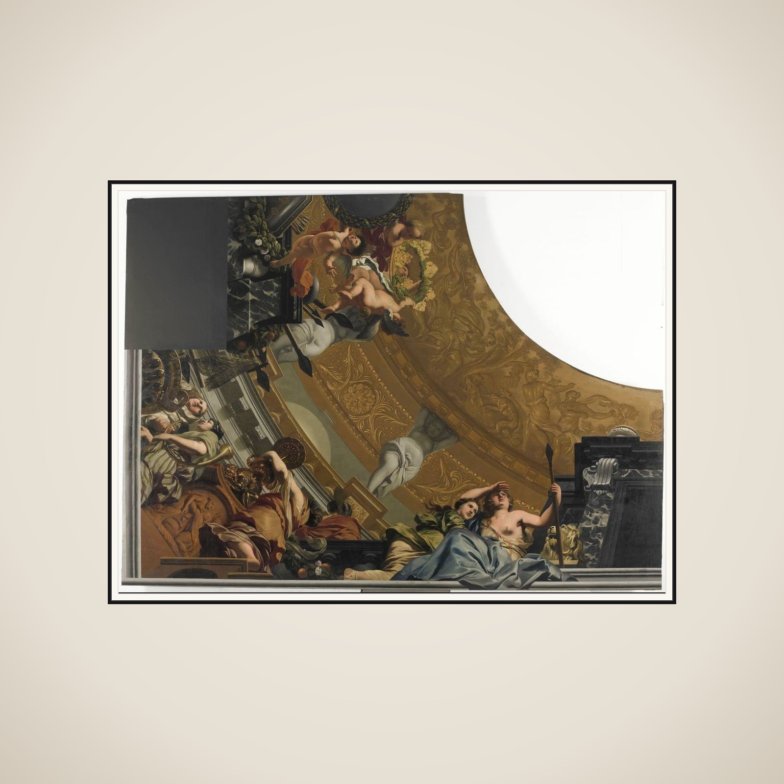 Part (bottom left) of a ceiling decoration with Diana and her companions as the principal representation framed