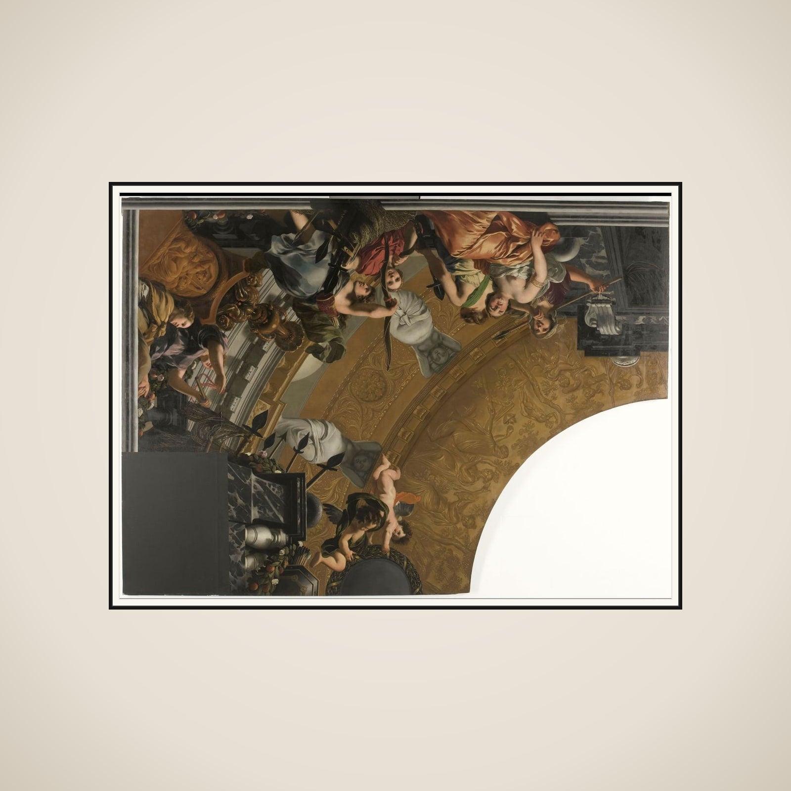 Part (top left) of a ceiling decoration with Diana and her companions as the principal representation framed