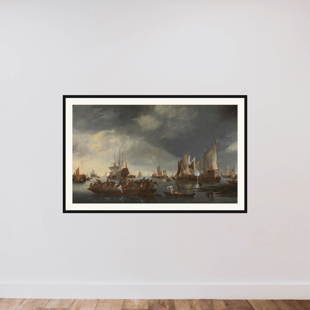 Harbor with Sailboats and Ferry Boat framed — shown to scale