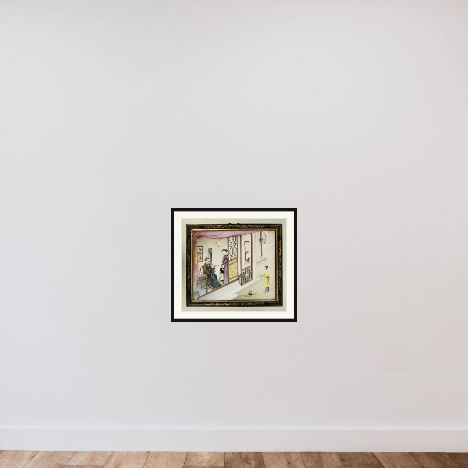 Plaque met een voorstelling in geschilderde emails: figuren in een paviljoen framed — shown to scale