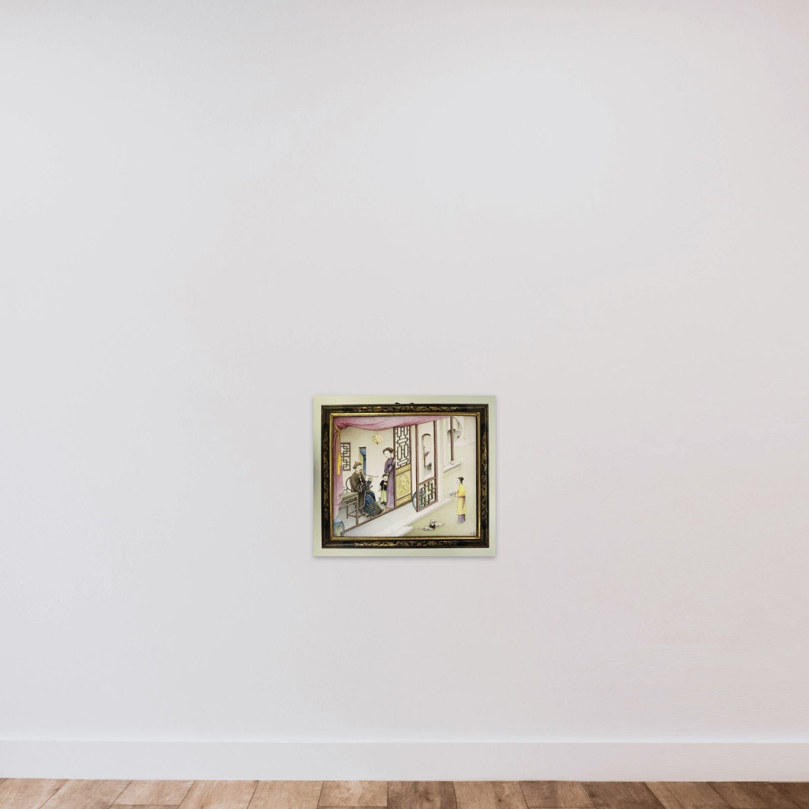 Plaque met een voorstelling in geschilderde emails: figuren in een paviljoen unframed — shown to scale