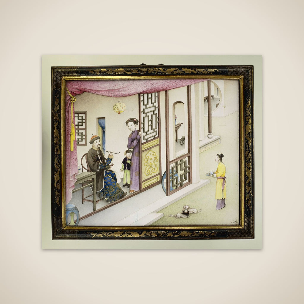 Plaque met een voorstelling in geschilderde emails: figuren in een paviljoen unframed print