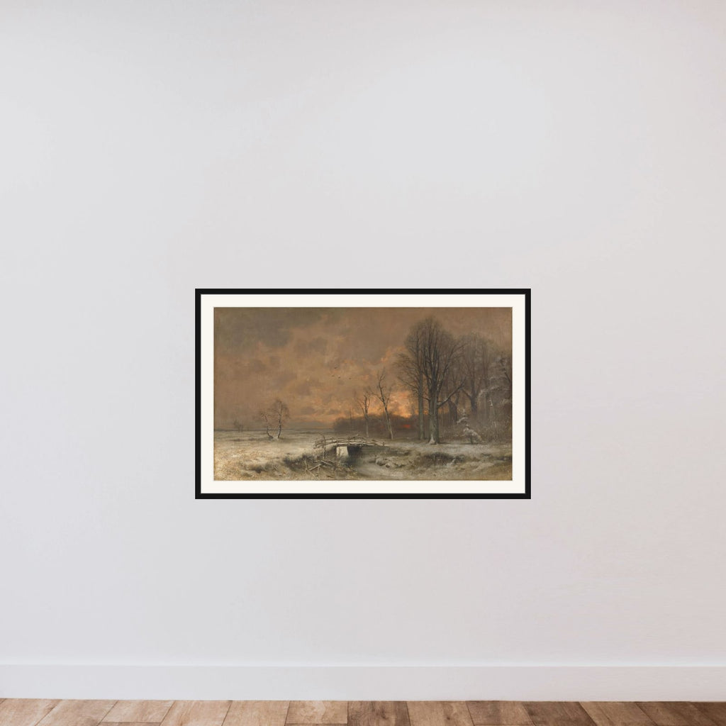 Winter Scene with the Sun Setting Behind Trees framed — shown to scale