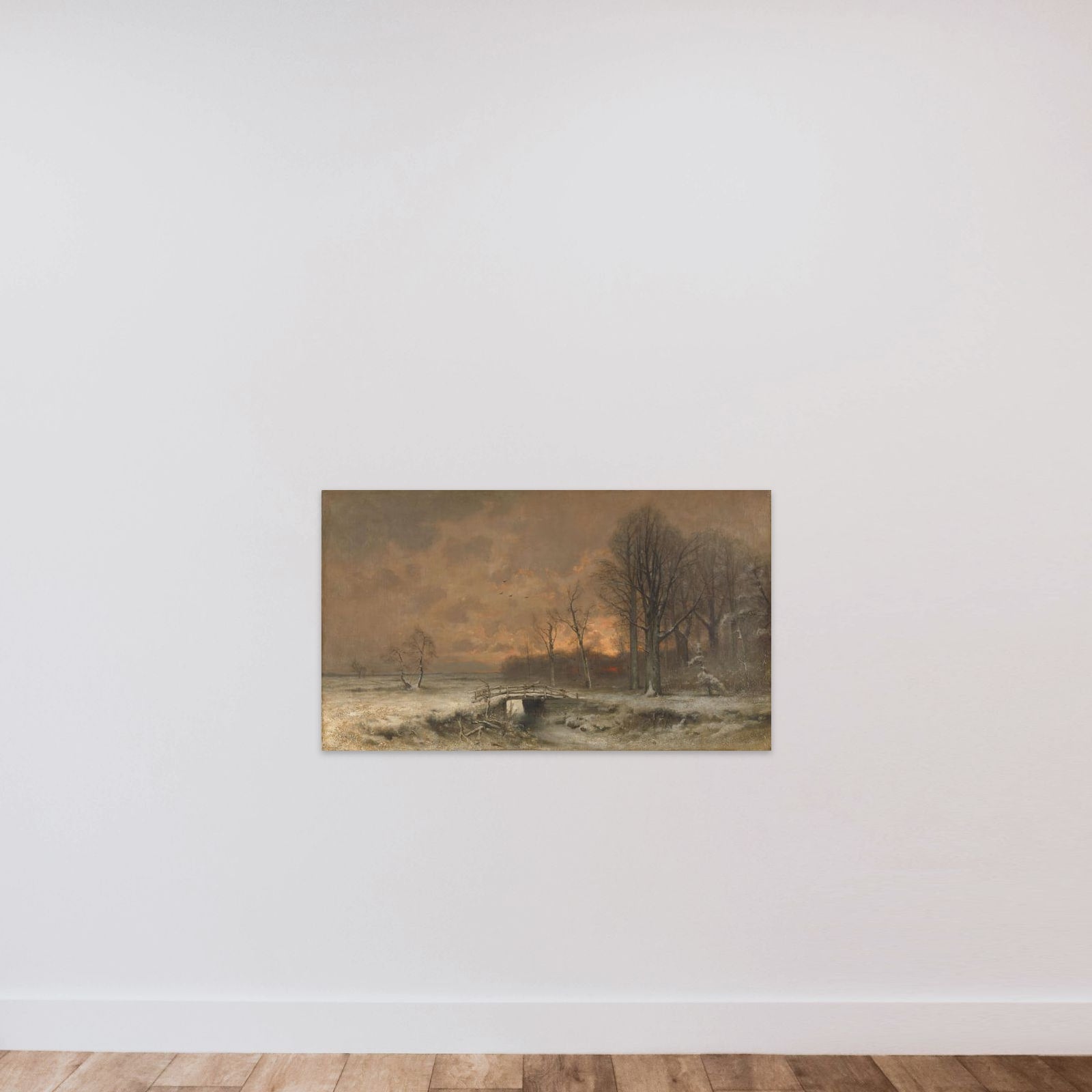 Winter Scene with the Sun Setting Behind Trees unframed — shown to scale