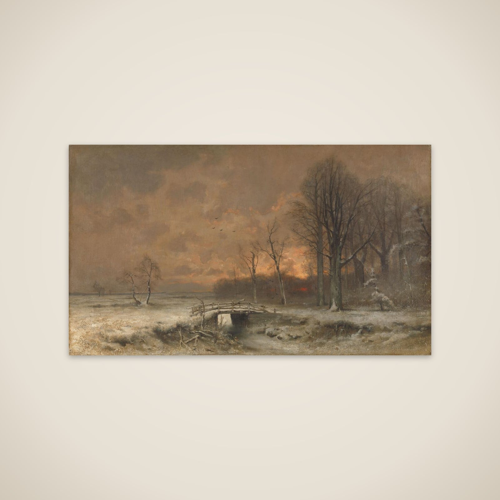 Winter Scene with the Sun Setting Behind Trees unframed print