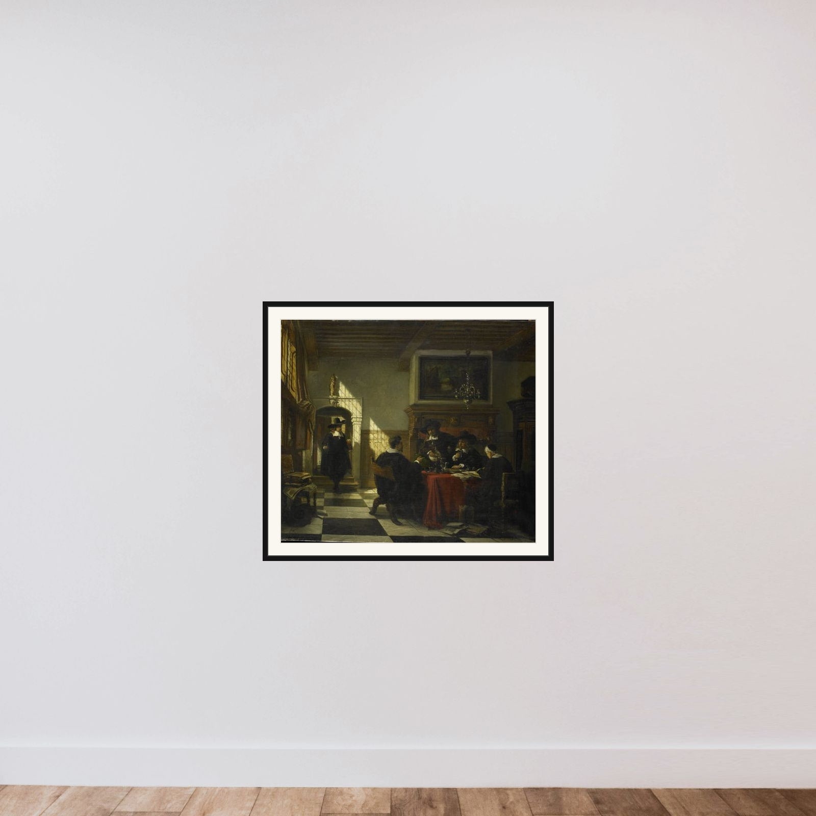 Gezelschap in 17e-eeuwse dracht bij een tafel waarop een Nautilusbeker framed — shown to scale