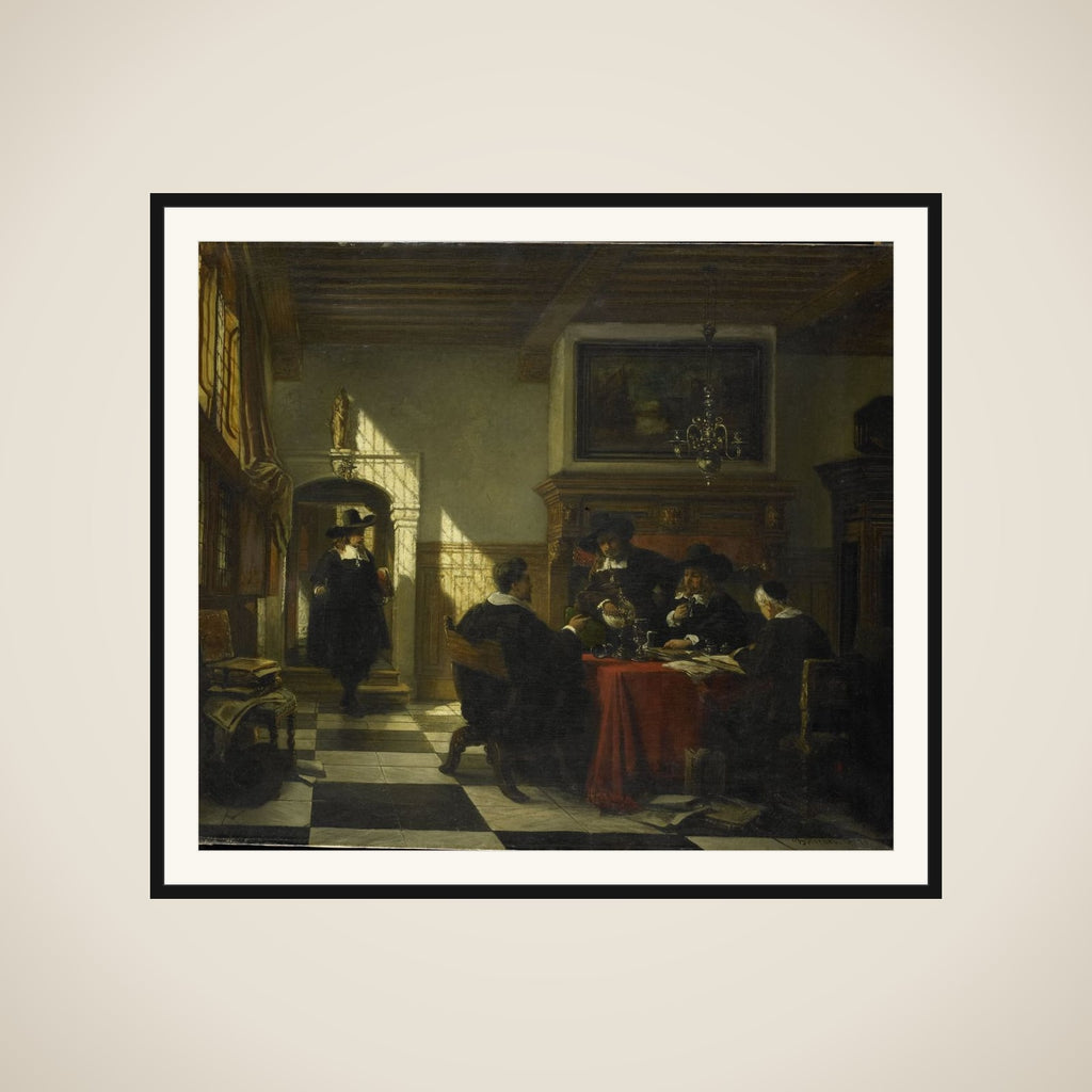 Gezelschap in 17e-eeuwse dracht bij een tafel waarop een Nautilusbeker framed