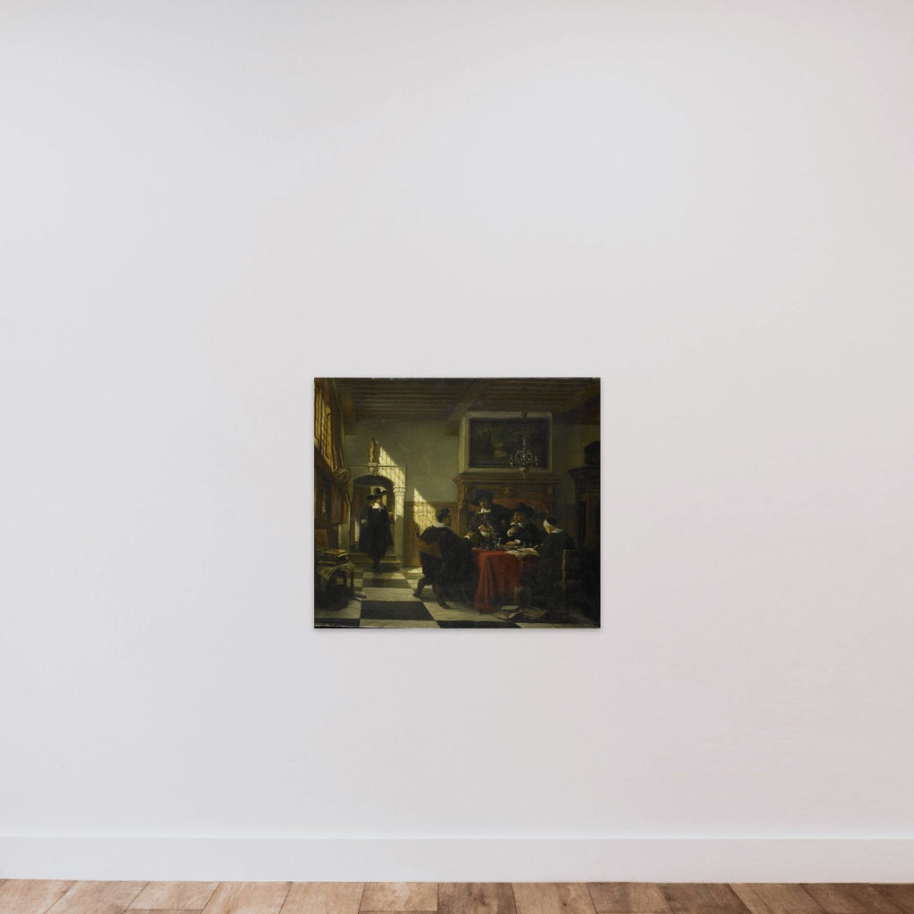 Gezelschap in 17e-eeuwse dracht bij een tafel waarop een Nautilusbeker unframed — shown to scale