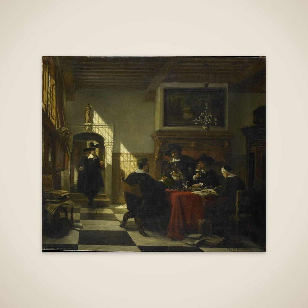 Gezelschap in 17e-eeuwse dracht bij een tafel waarop een Nautilusbeker unframed print