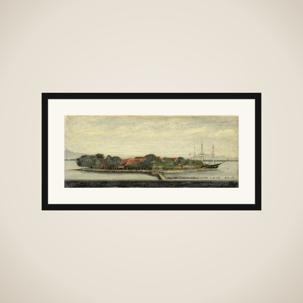 View of het eiland Kuiper in de baai van Batavia framed