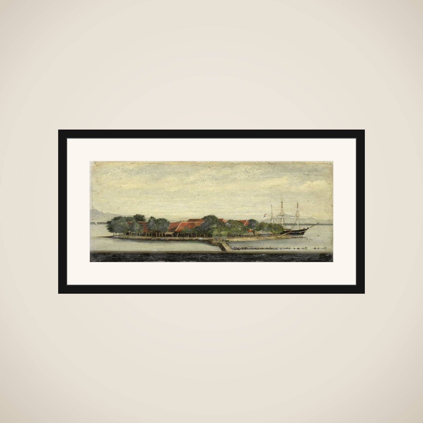 View of het eiland Kuiper in de baai van Batavia framed