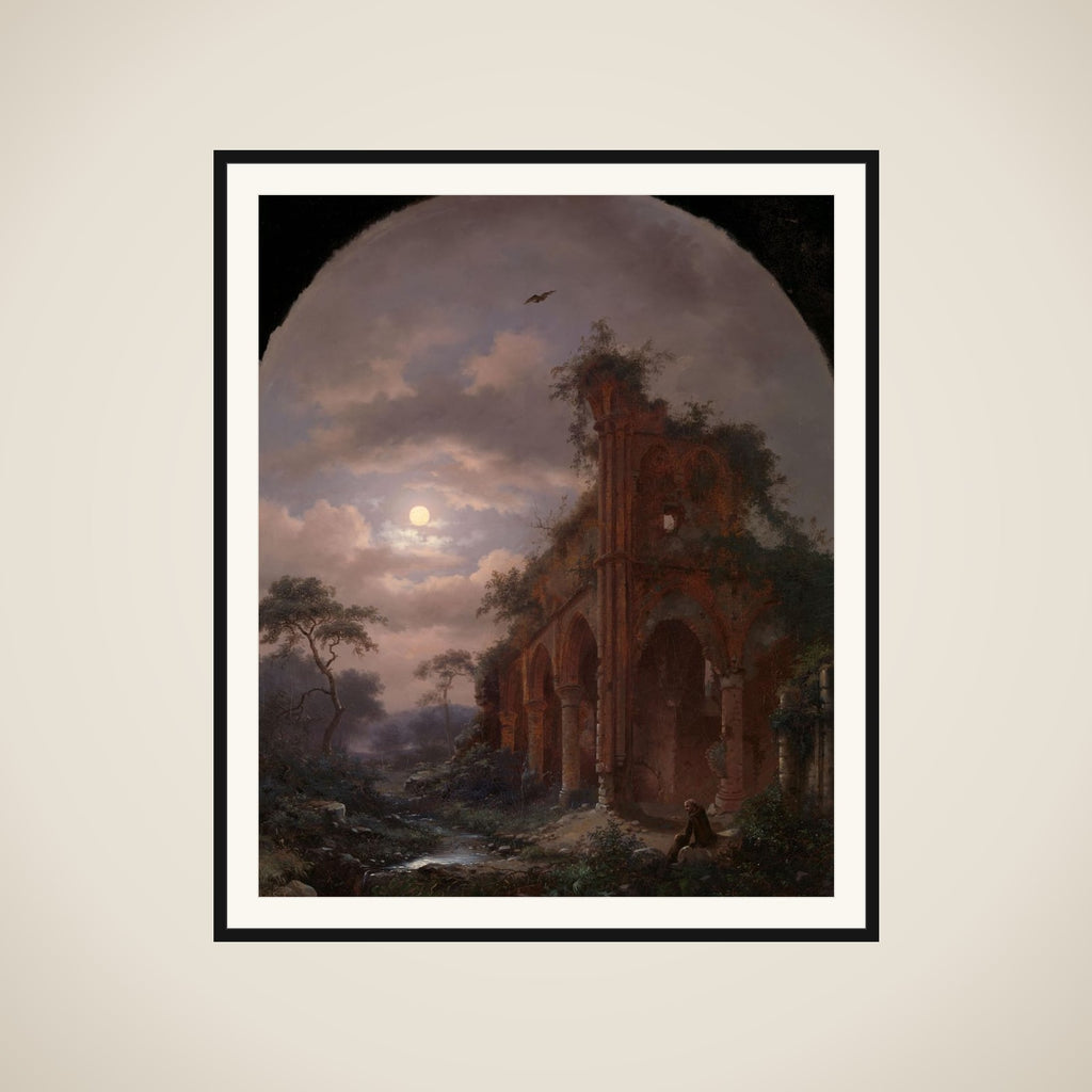 Monk Meditating near a Ruin by Moonlight framed