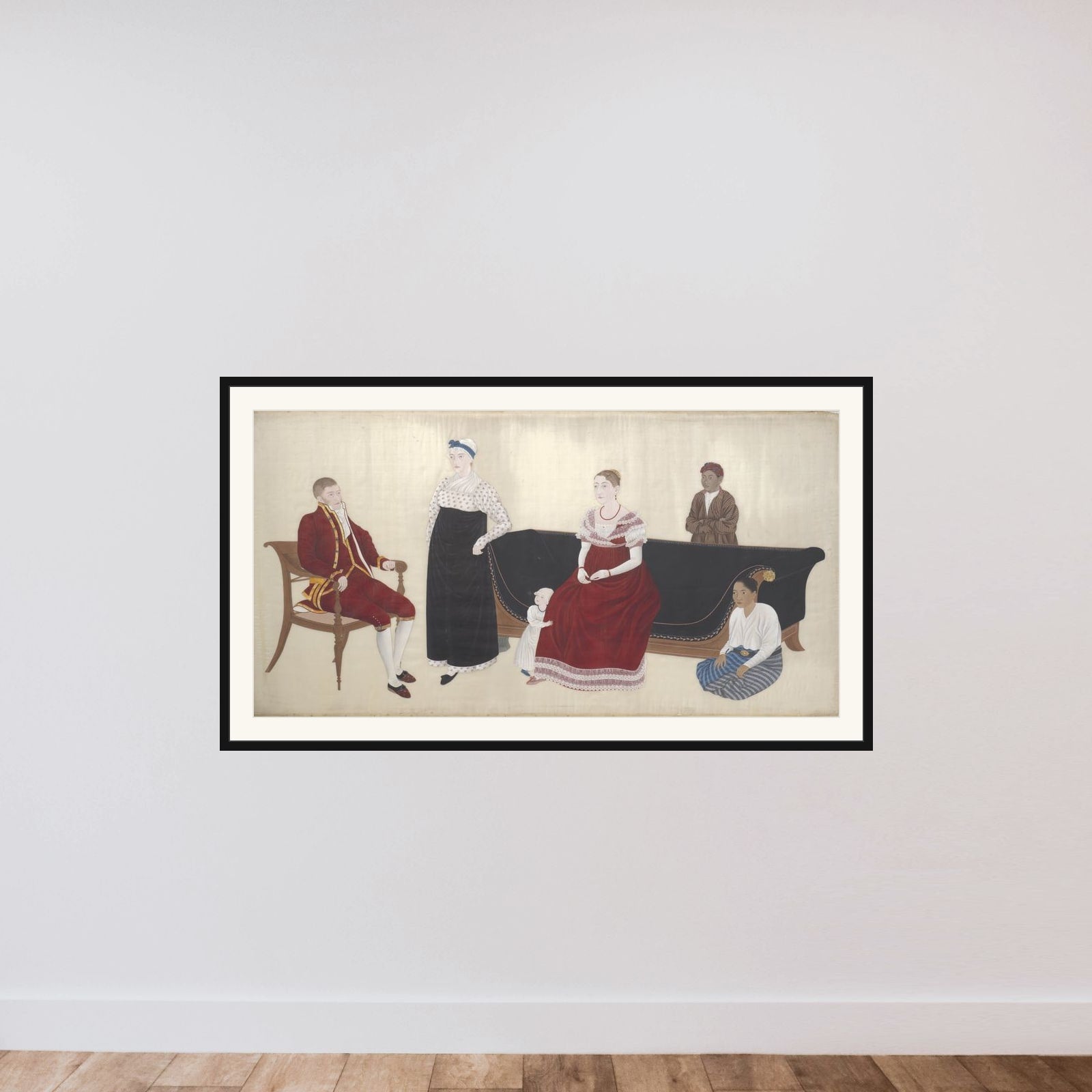 Portrait of the Cock Blomhoff Family, their Wetnurse and two Enslaved Servants framed — shown to scale