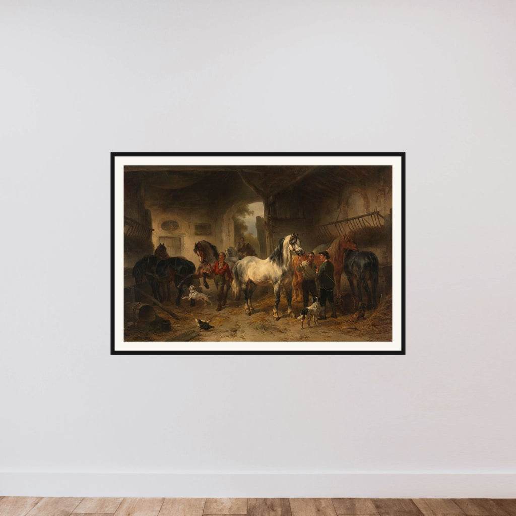 Interieur van een stal met paarden en figuren framed — shown to scale