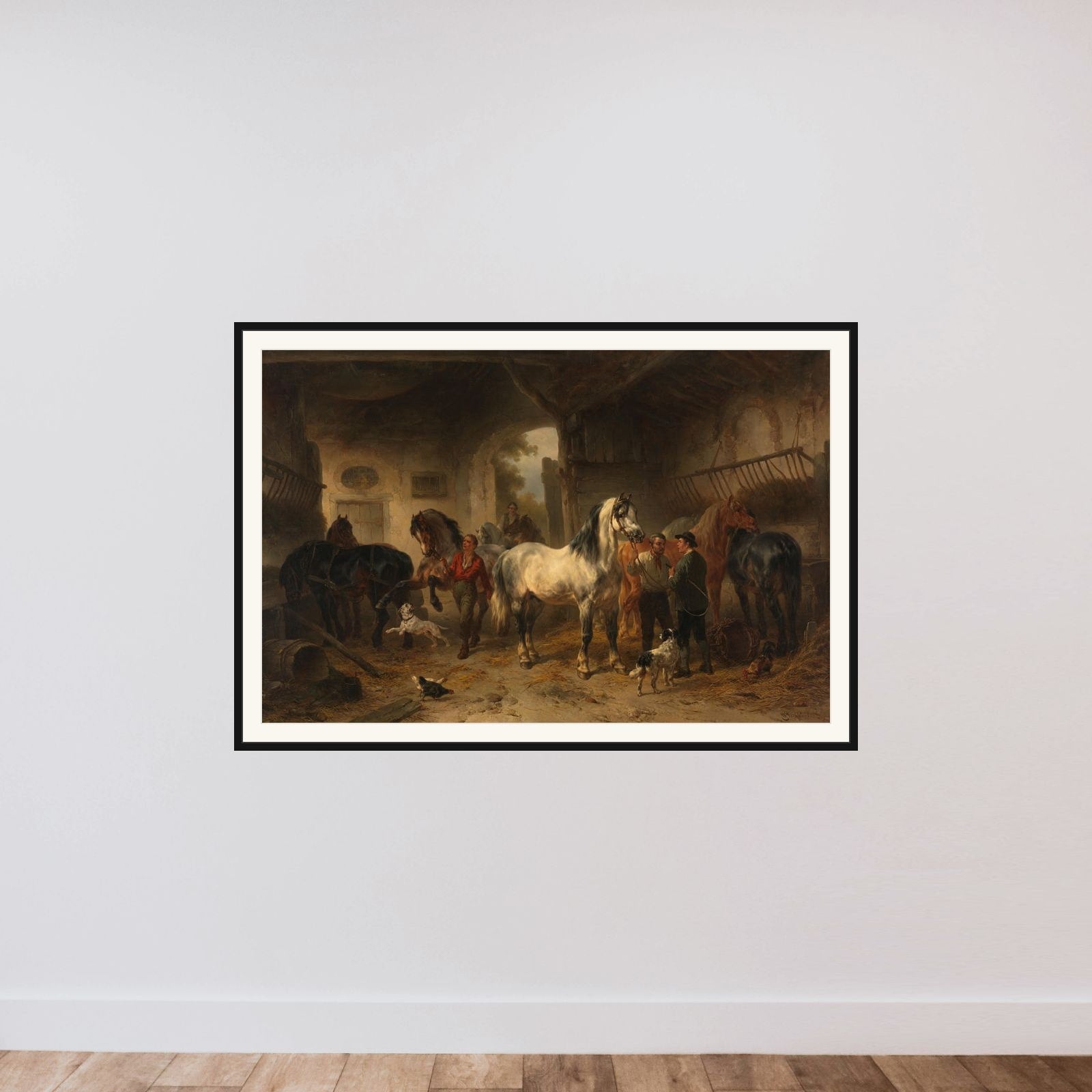 Interieur van een stal met paarden en figuren framed — shown to scale