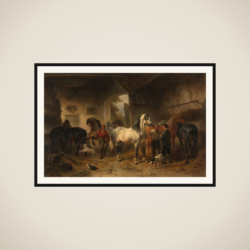Interieur van een stal met paarden en figuren framed