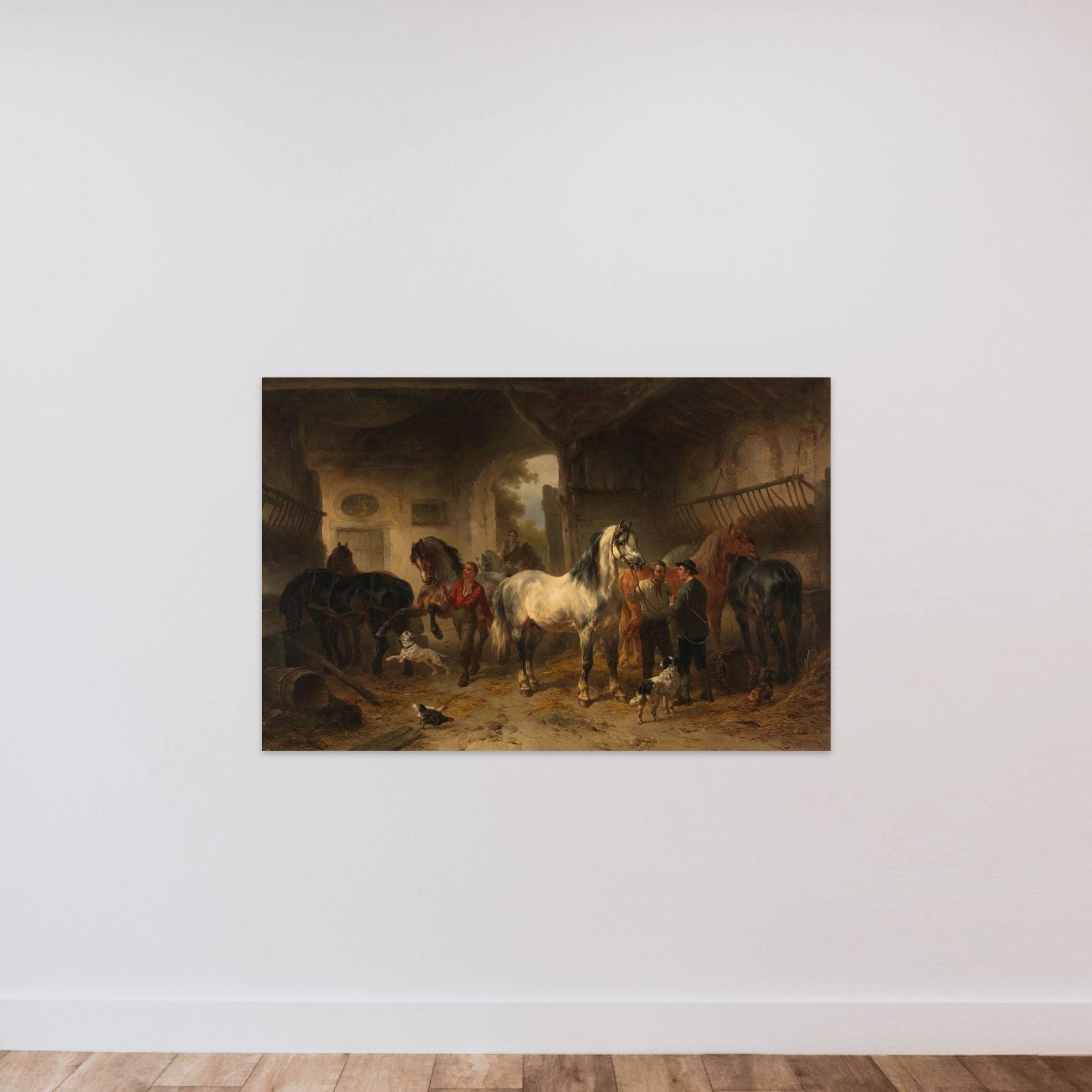 Interieur van een stal met paarden en figuren unframed — shown to scale