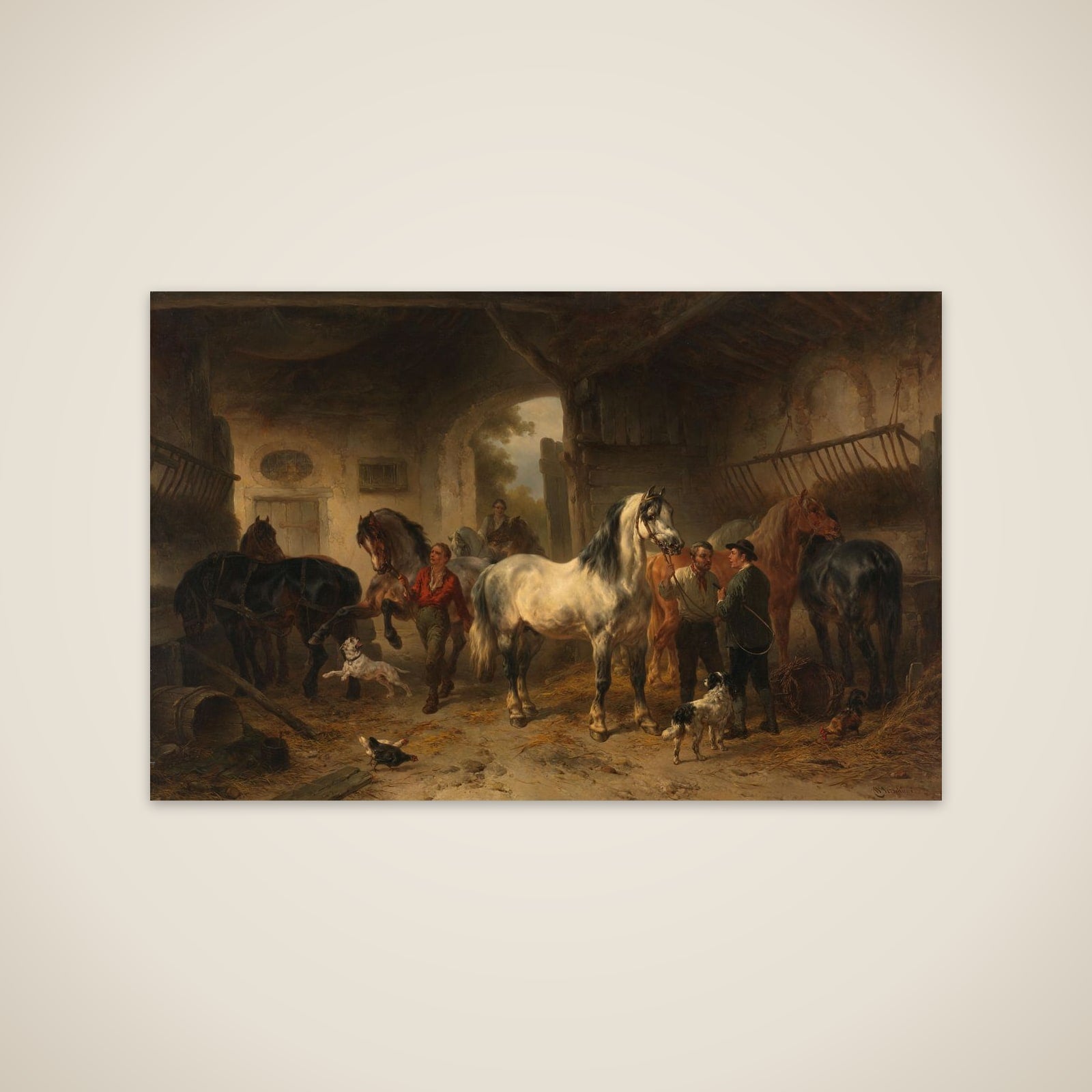 Interieur van een stal met paarden en figuren unframed print