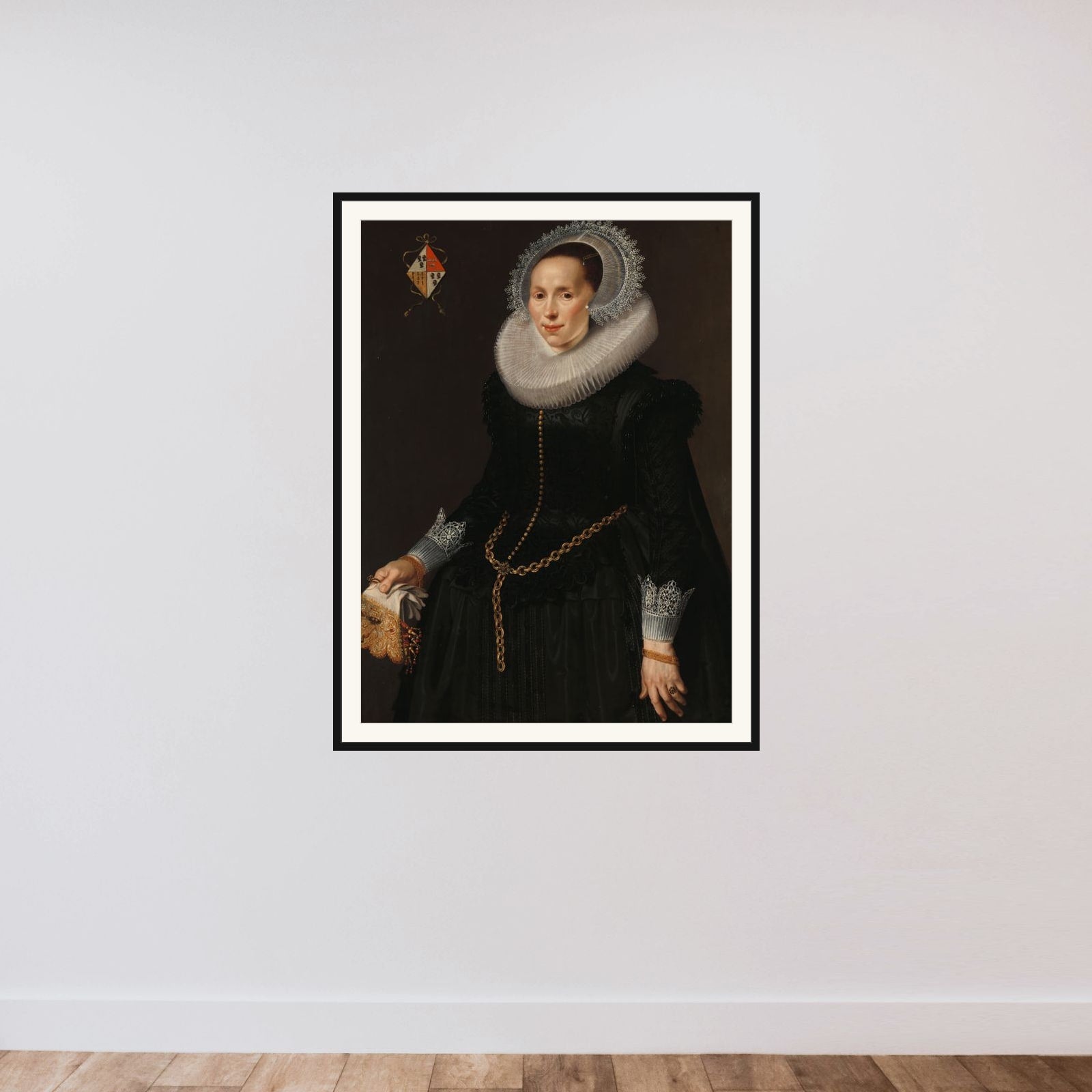 Portrait of Johanna le Maire (c. 1601-60) framed — shown to scale