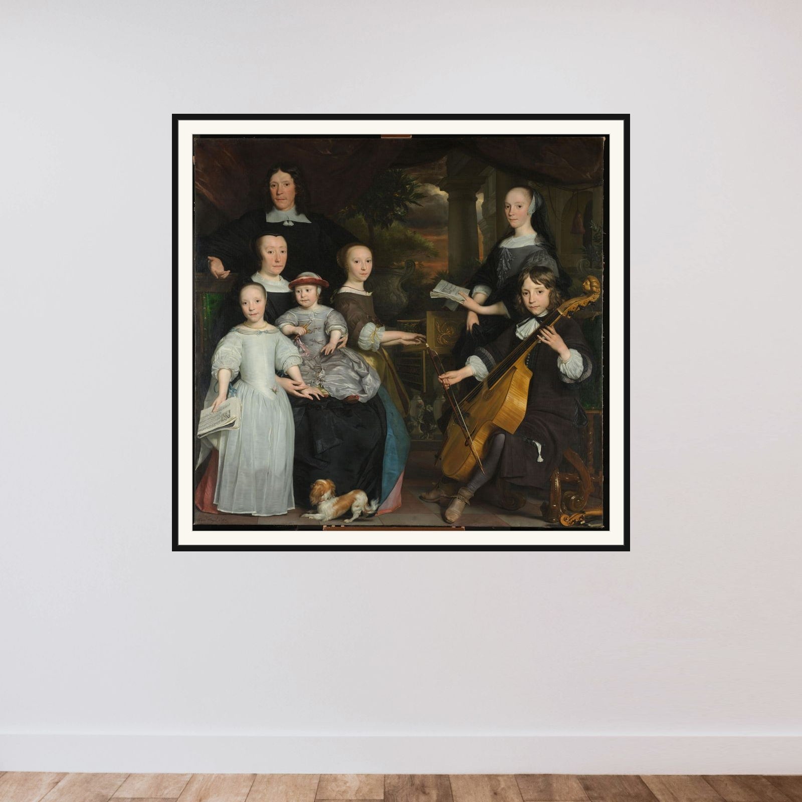 David Leeuw (1631/32-1703). Amsterdam Merchant with his family framed — shown to scale
