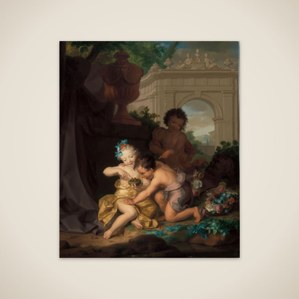 Drie kinderen spelend met een vogelnestje unframed print