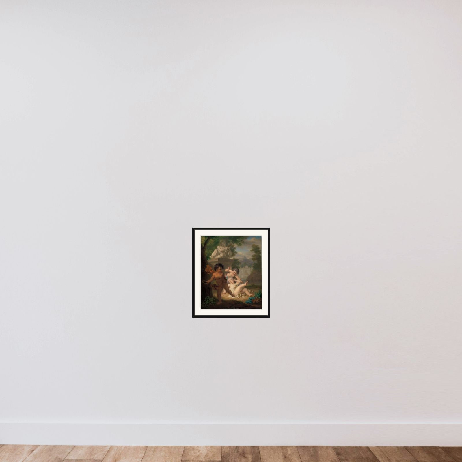 Drie kinderen ruziënd om een vogelnestje framed — shown to scale