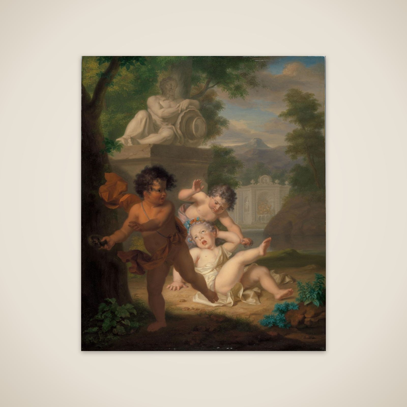 Drie kinderen ruziënd om een vogelnestje unframed print