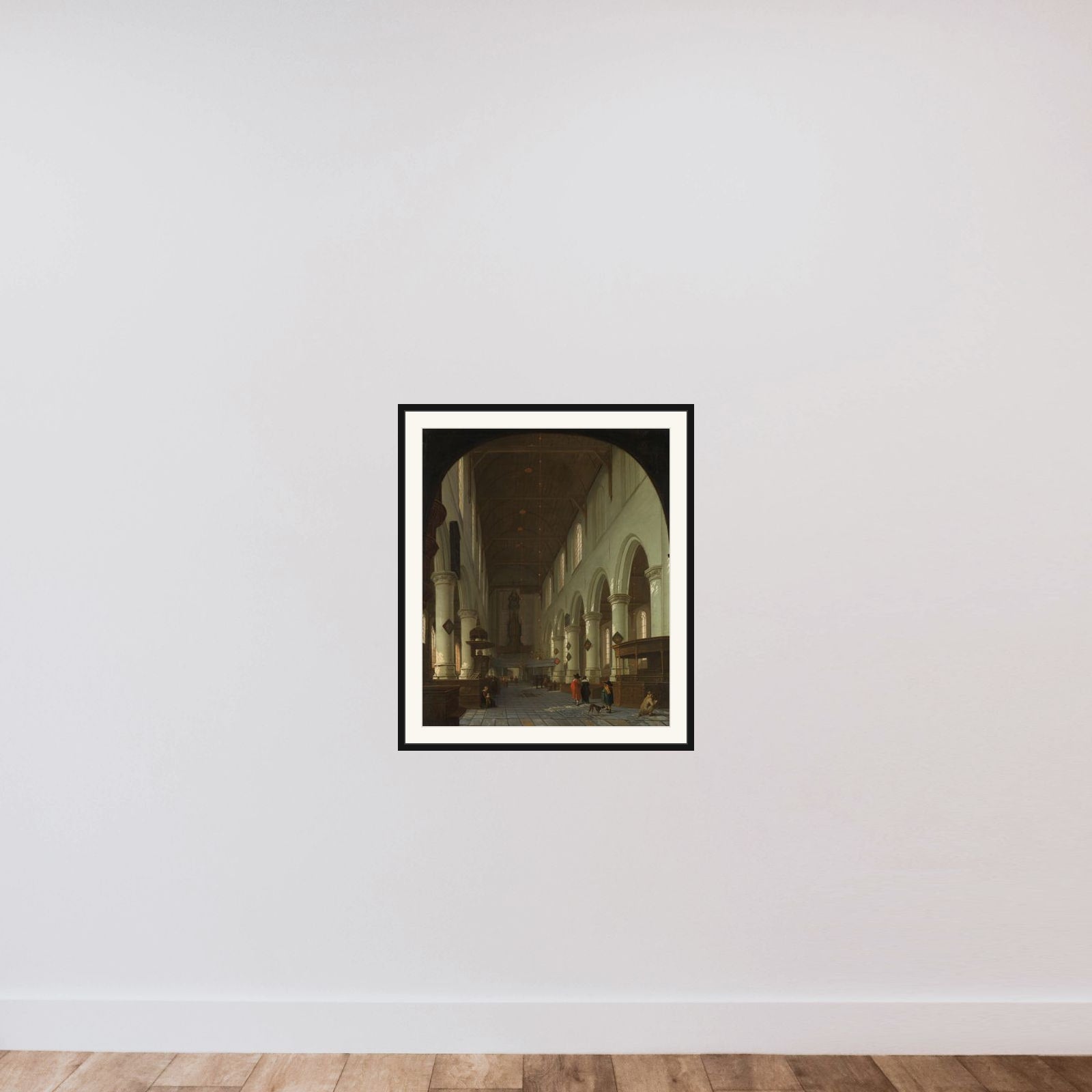 Interior of the Oude Kerk in Delft from the Choir toward the Portal framed — shown to scale