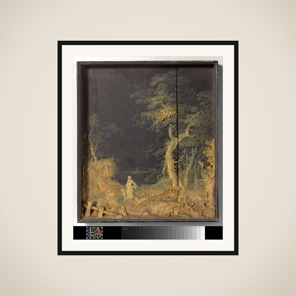 Landschap, waarin een vrouw, child en hond als stoffage, uitgevoerd in gele was op zwart gelakt paneel framed