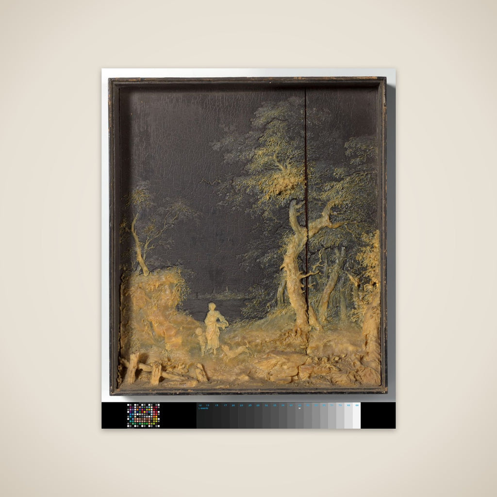 Landschap, waarin een vrouw, child en hond als stoffage, uitgevoerd in gele was op zwart gelakt paneel unframed print