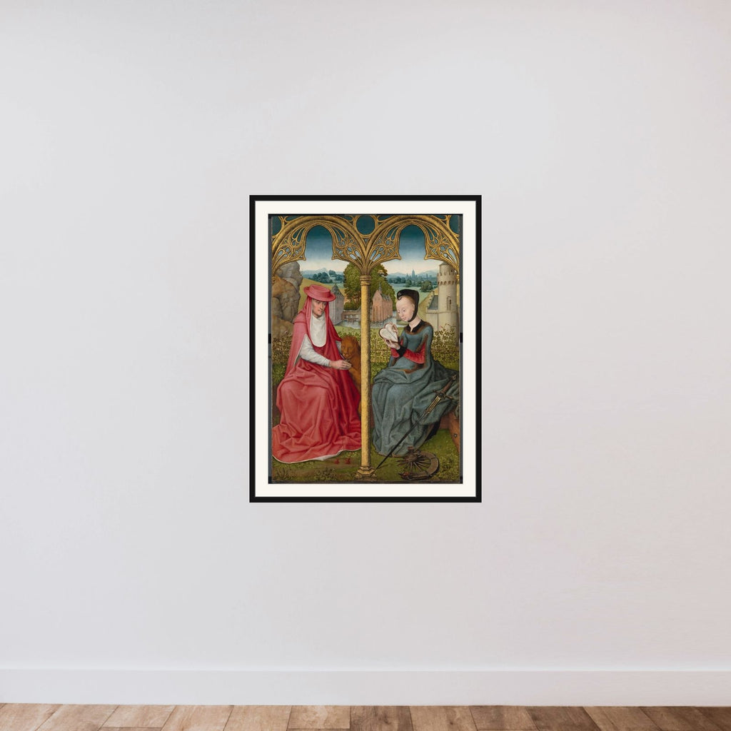 St Jerome and St Catherine of Alexandria, Bruges or Brussels, c. 1480-1490 framed — shown to scale