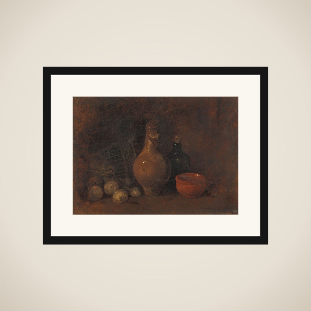 Still life with vier vruchten, glas en aardewerk framed