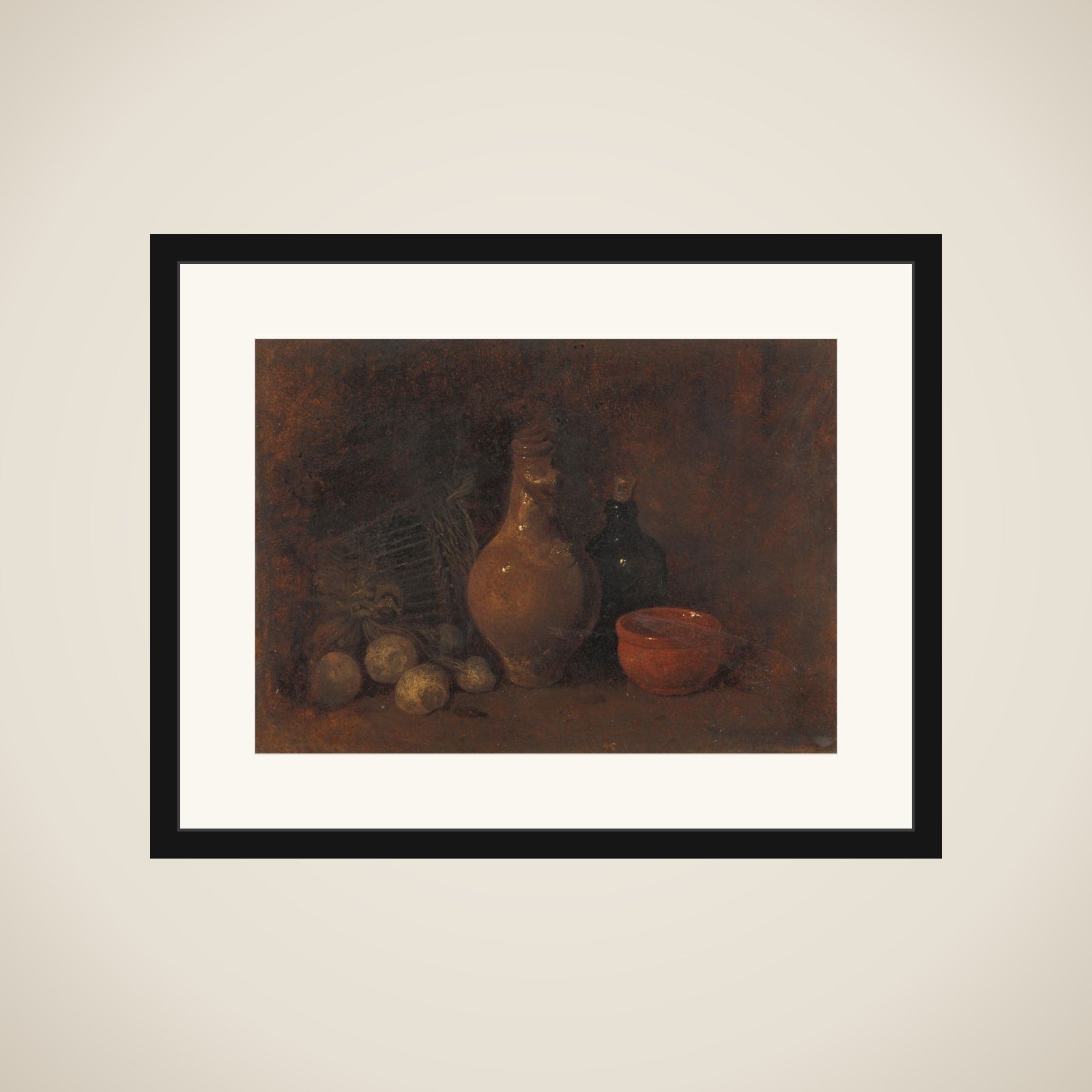 Still life with vier vruchten, glas en aardewerk framed