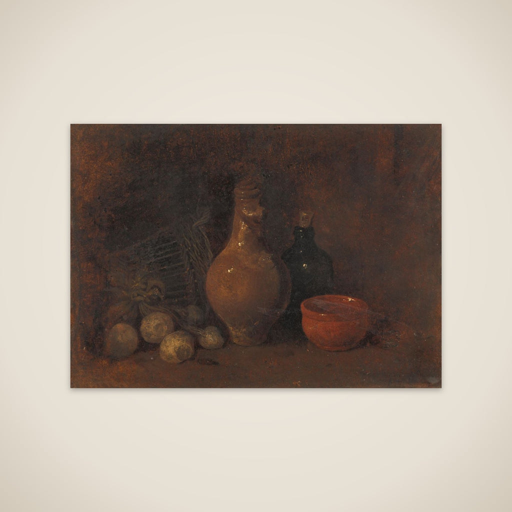 Still life with vier vruchten, glas en aardewerk unframed print