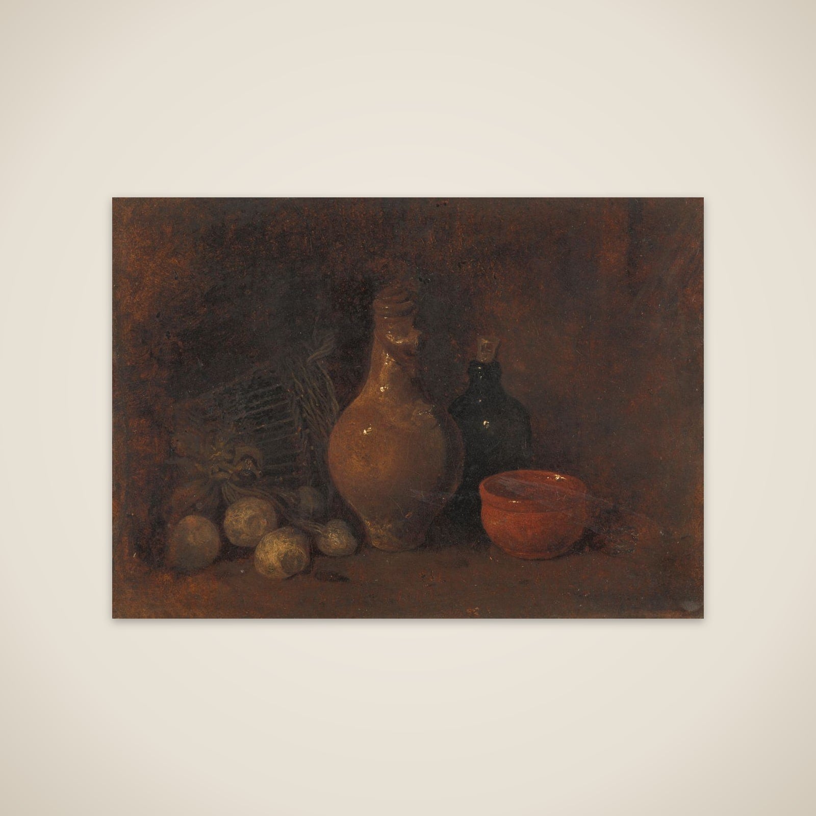Still life with vier vruchten, glas en aardewerk unframed print