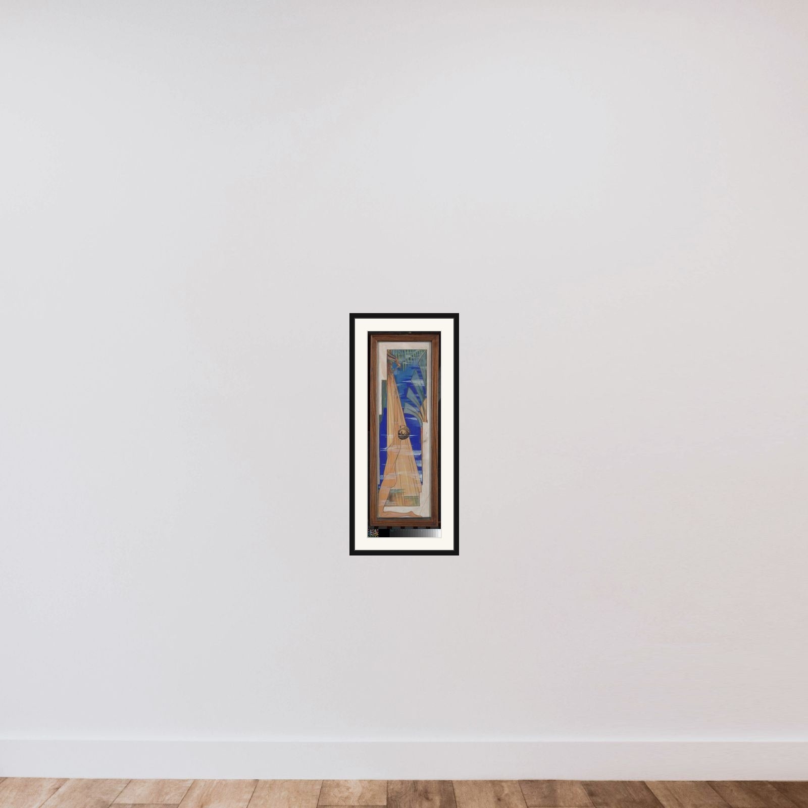 Schildering van een naakt vrouwfiguur op haar knieën framed — shown to scale