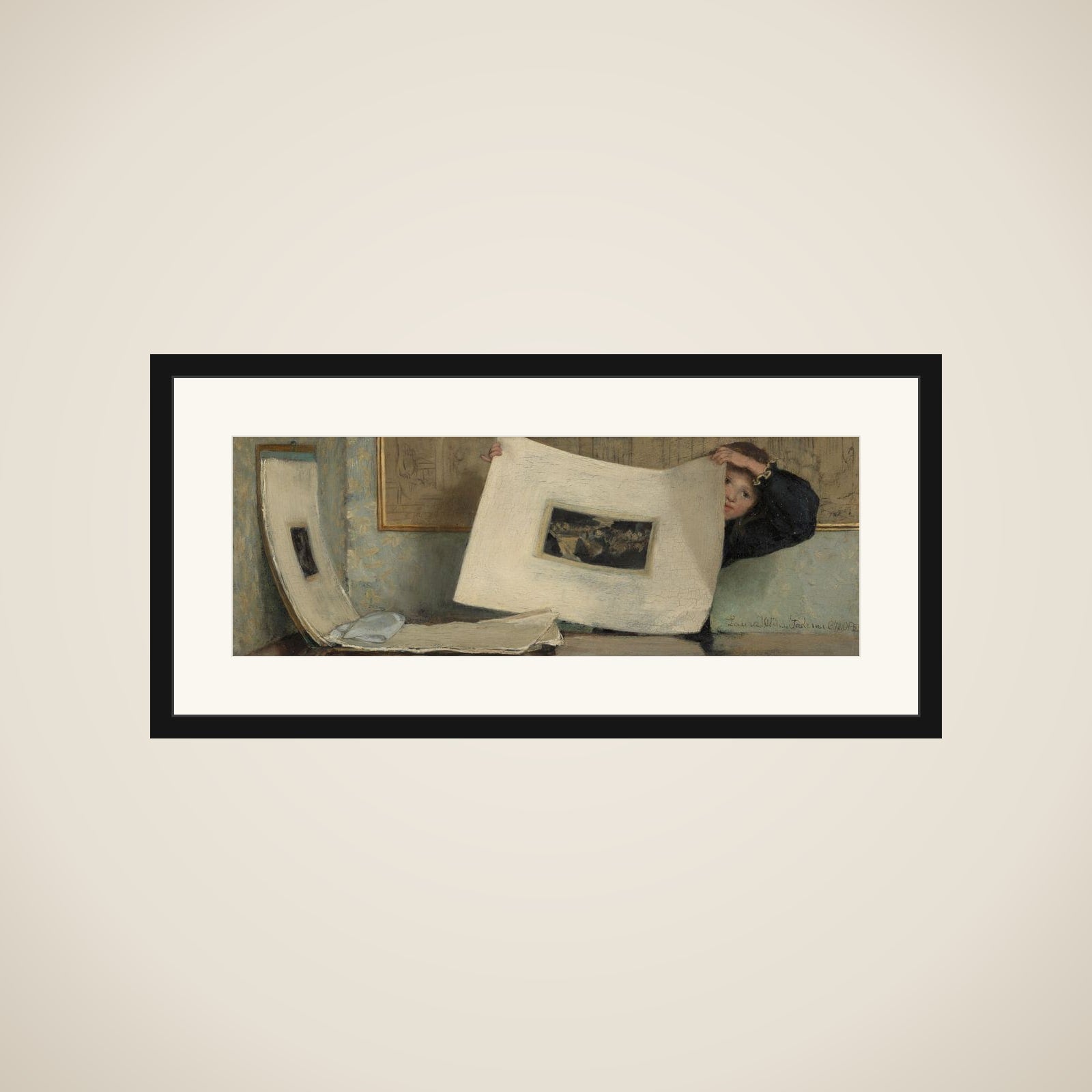Anna Leafing Through a Portfolio of Prints framed