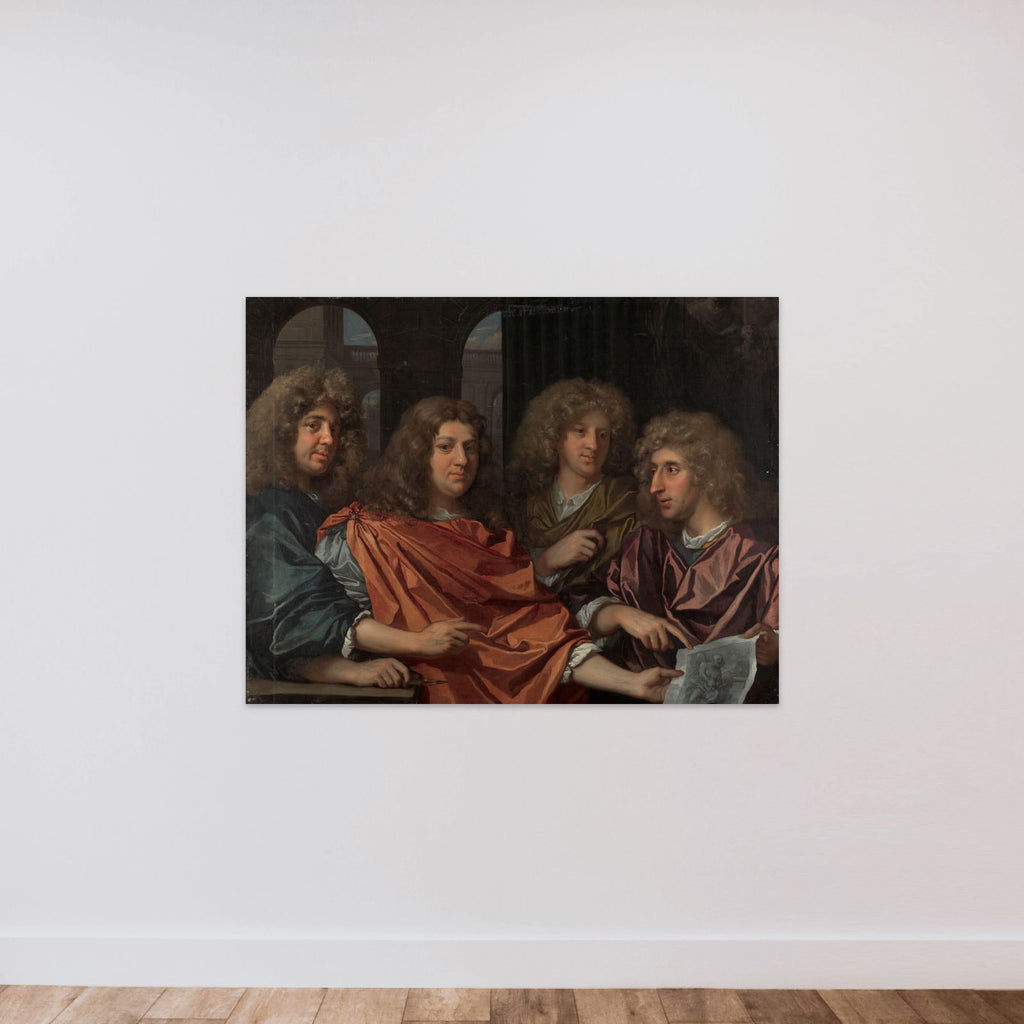 Groepsportret van vier kunstenaars unframed — shown to scale