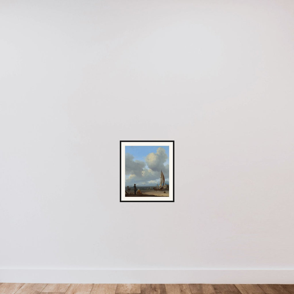 An extensive seascape with figures by a boat on a shore framed — shown to scale
