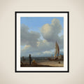 An extensive seascape with figures by a boat on a shore framed