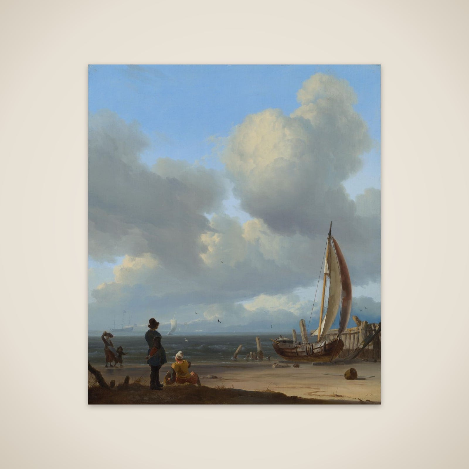 An extensive seascape with figures by a boat on a shore unframed print