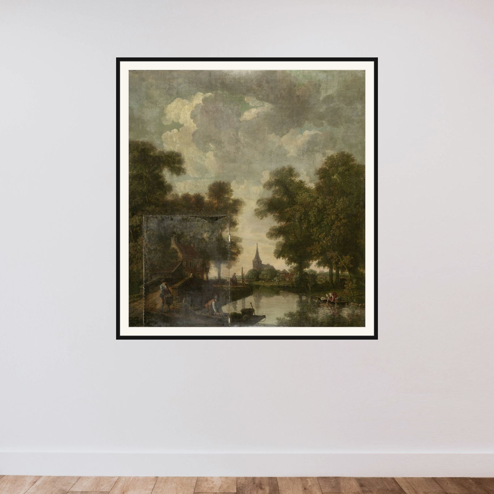 Behangselschildering with een Hollands landschap with rivier framed — shown to scale