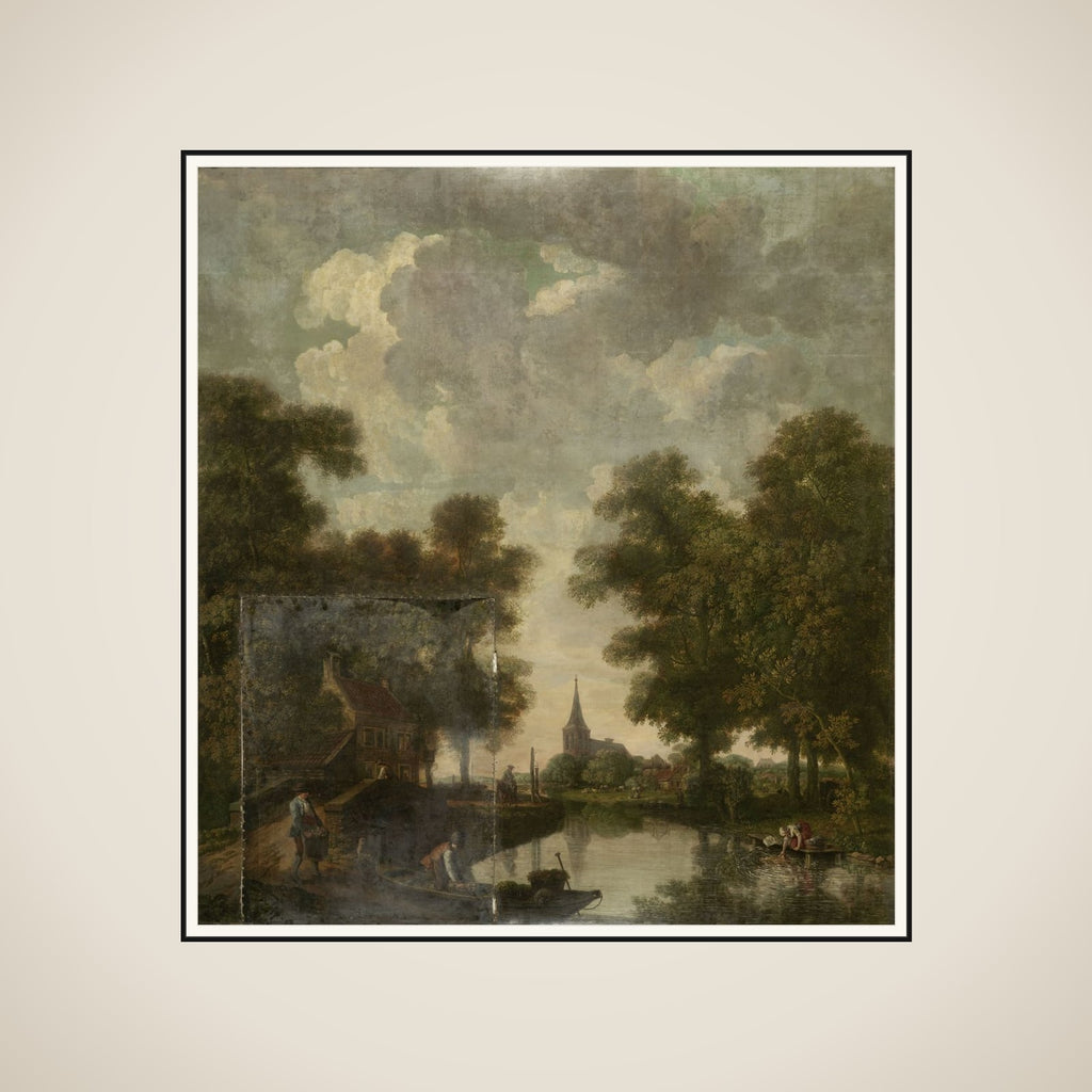 Behangselschildering with een Hollands landschap with rivier framed