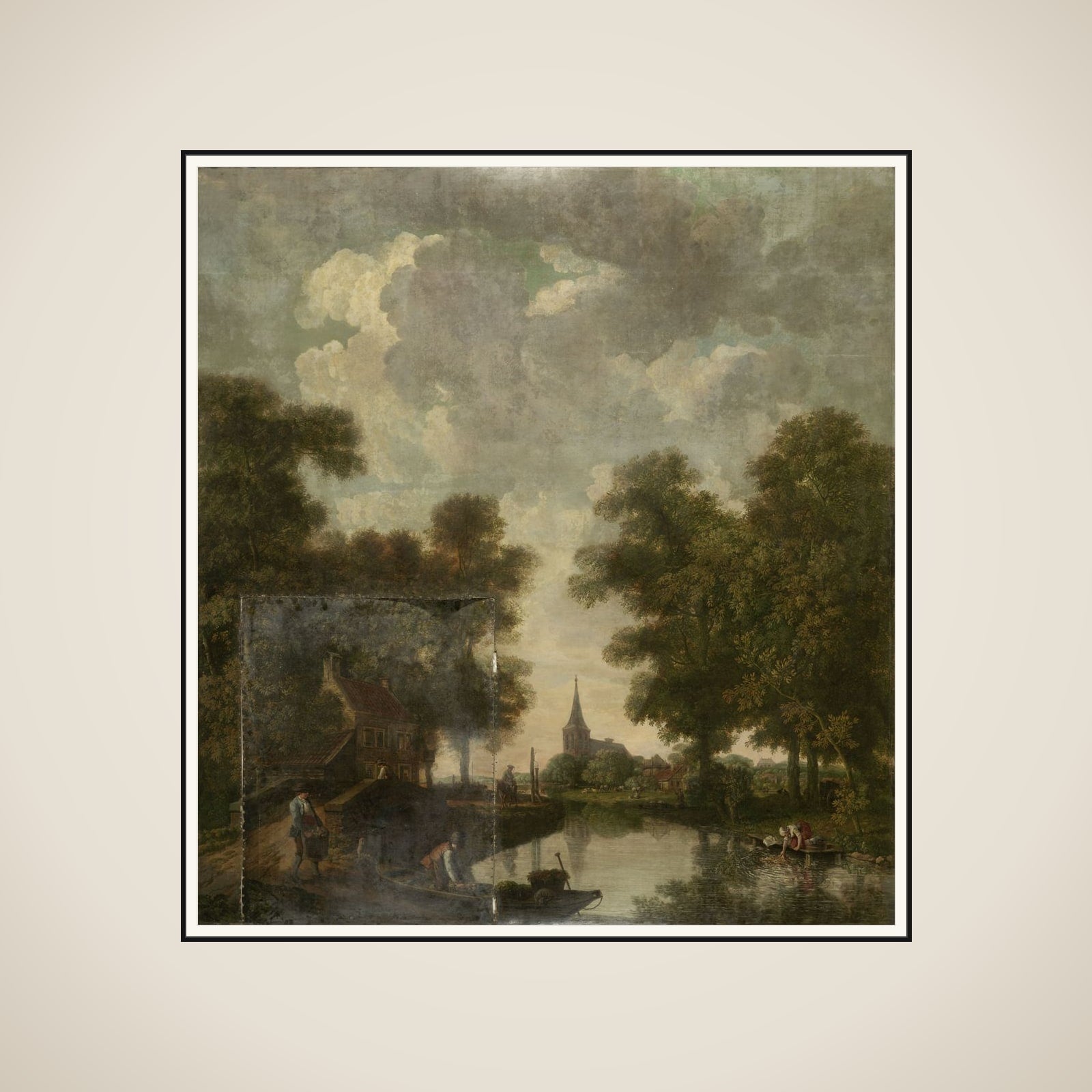Behangselschildering with een Hollands landschap with rivier framed