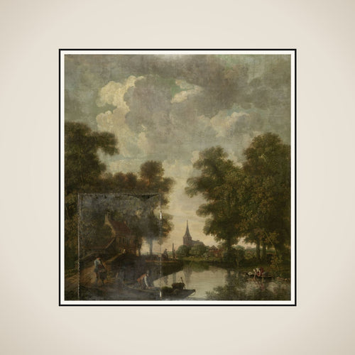 Behangselschildering with een Hollands landschap with rivier framed