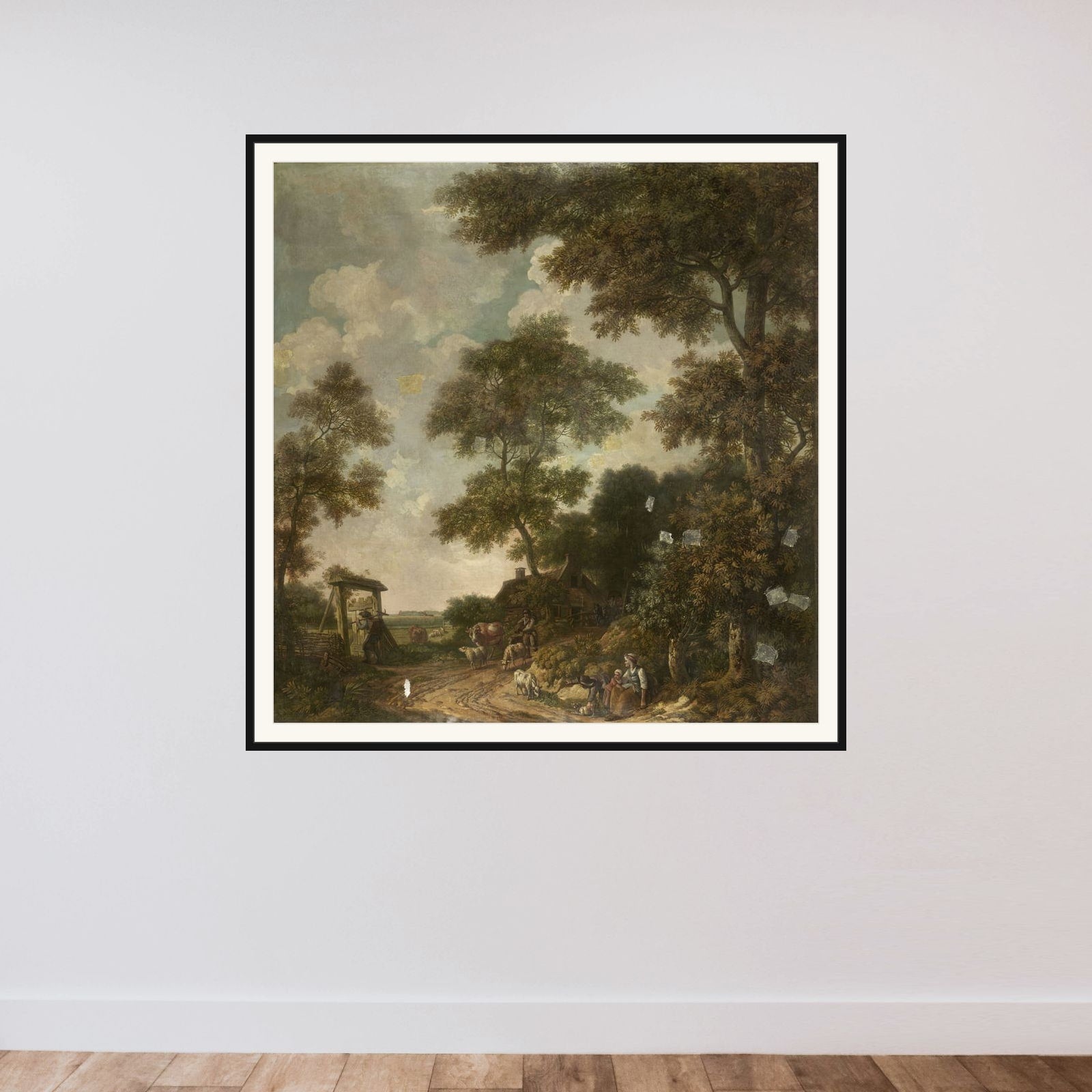 Behangselschildering van een Hollands landschap with een zandweg framed — shown to scale