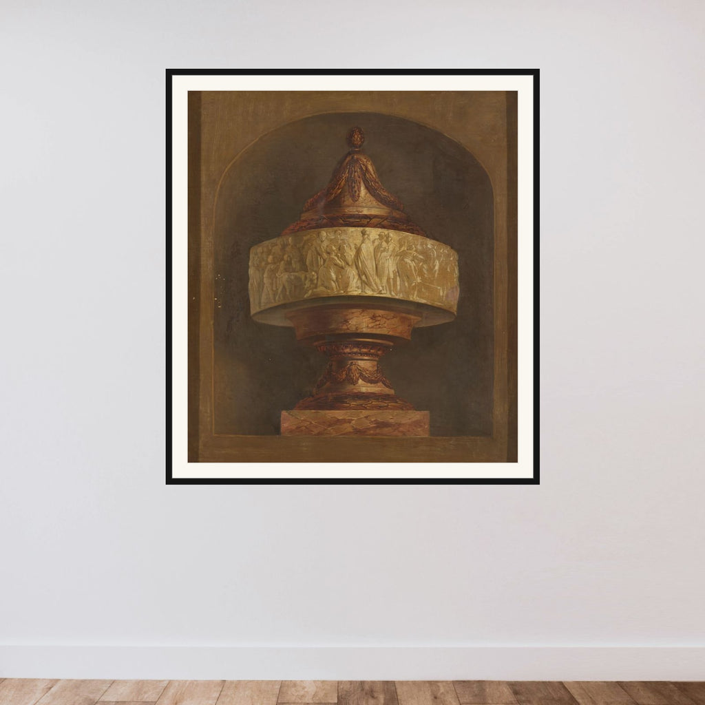 Behangselschildering met siervaas framed — shown to scale