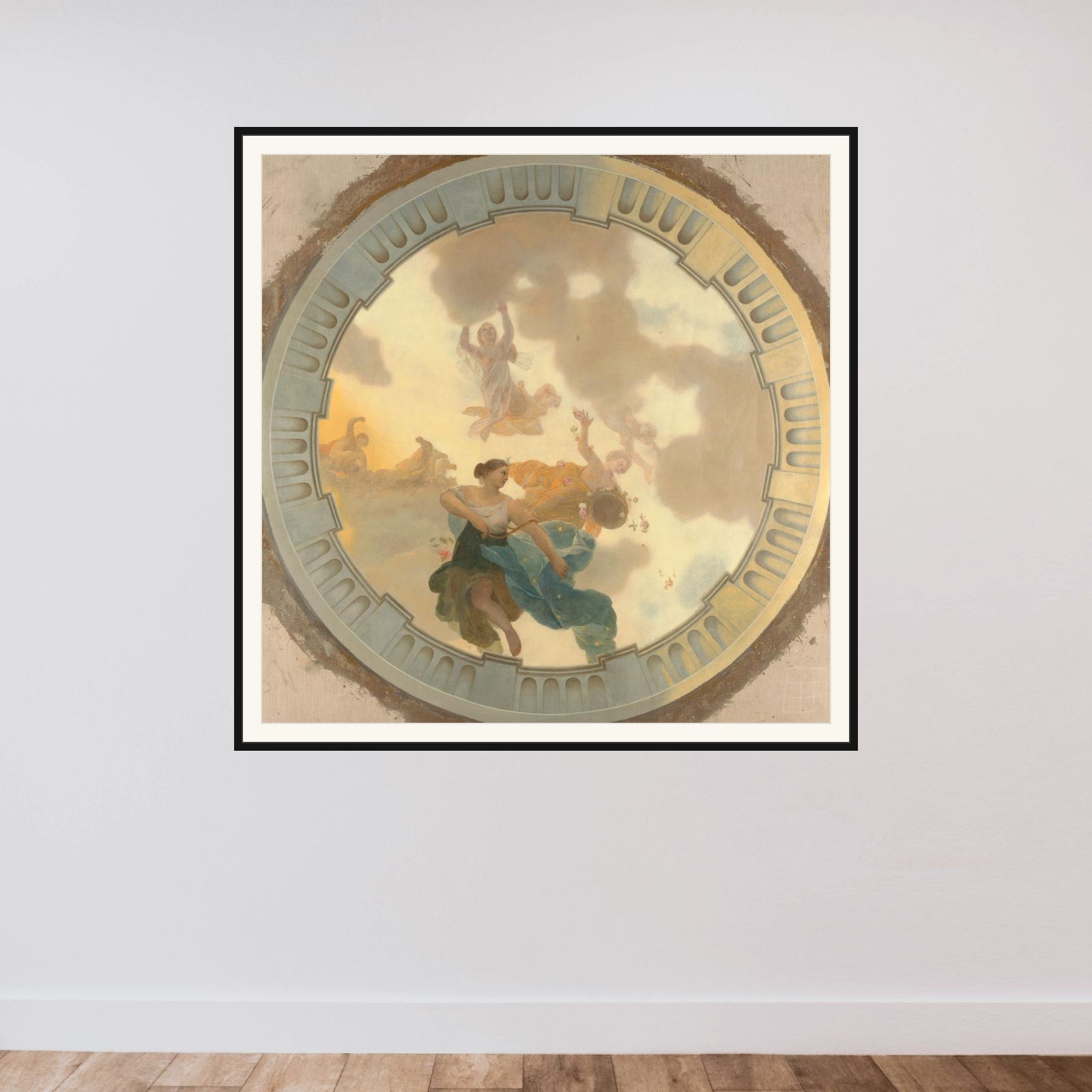 Part (central part) of a ceiling decoration with Diana and her companions as the principal representation framed — shown to scale